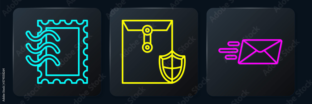 Set line Postal stamp, Express envelope and Envelope with shield. Black square button. Vector.