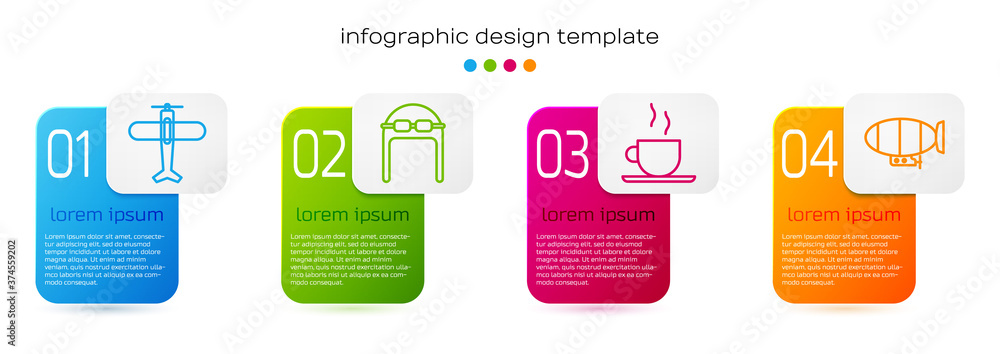 设定航线飞机、带护目镜的飞行员帽、咖啡杯和飞艇。商业信息图模板。Vec