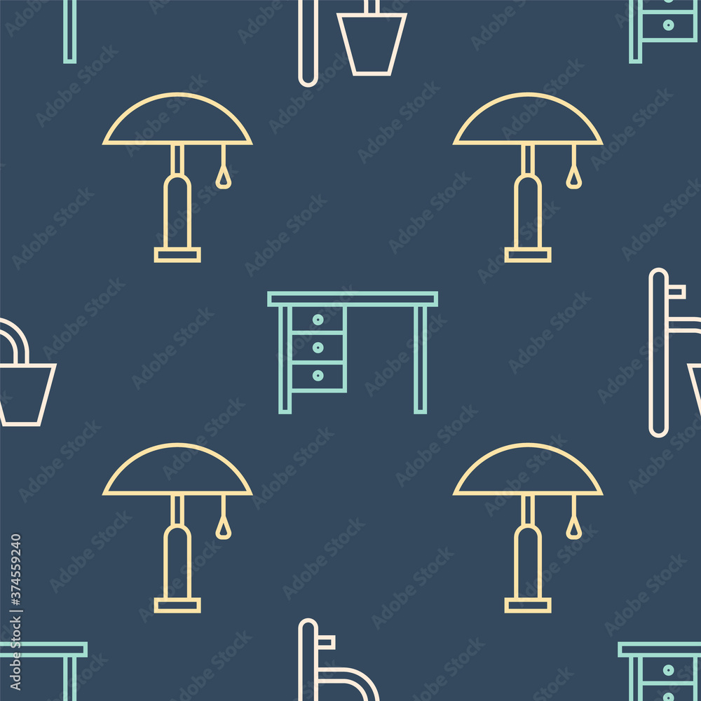 Set line Wall sconce, Table lamp and Office desk on seamless pattern. Vector.