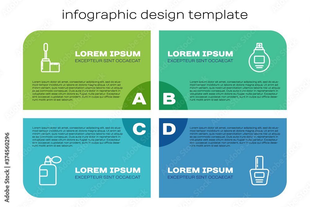 套装香水、睫毛刷、指甲油瓶和。商业信息图模板。矢量。
