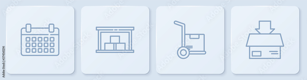 设置行日历，手推车和箱子，仓库和纸箱纸板。白色方形按钮。矢量