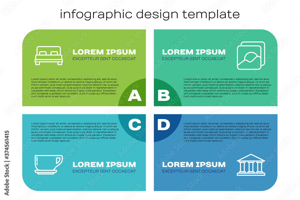 套装咖啡杯、大床、博物馆建筑和照片。商业信息图模板。矢量。