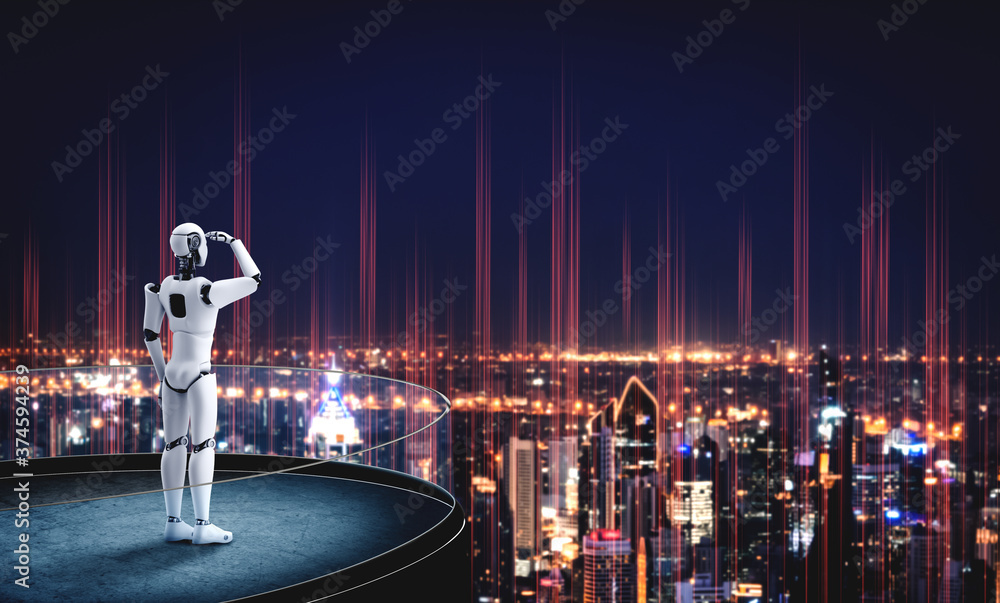 3D illustration robot humanoid looking forward against cityscape skyline . Concept of leadership, id