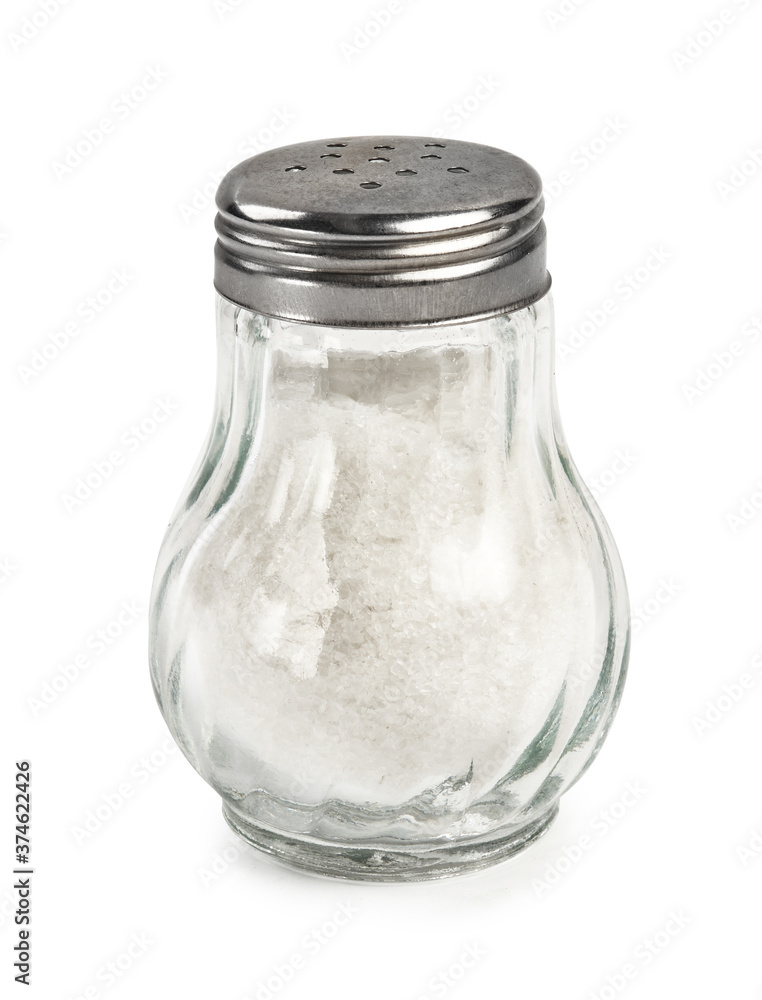 Salt shaker isolated on white background. Salt in glass bottle.