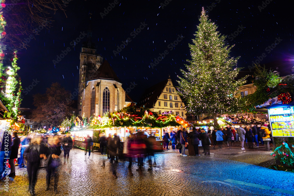 Christmas market fair near Evangelische Stiftskirche church in Stuttgart, Germany