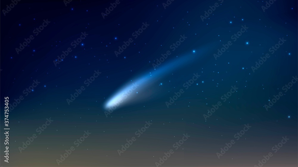 Vector night starry sky with falling comet and asteroid