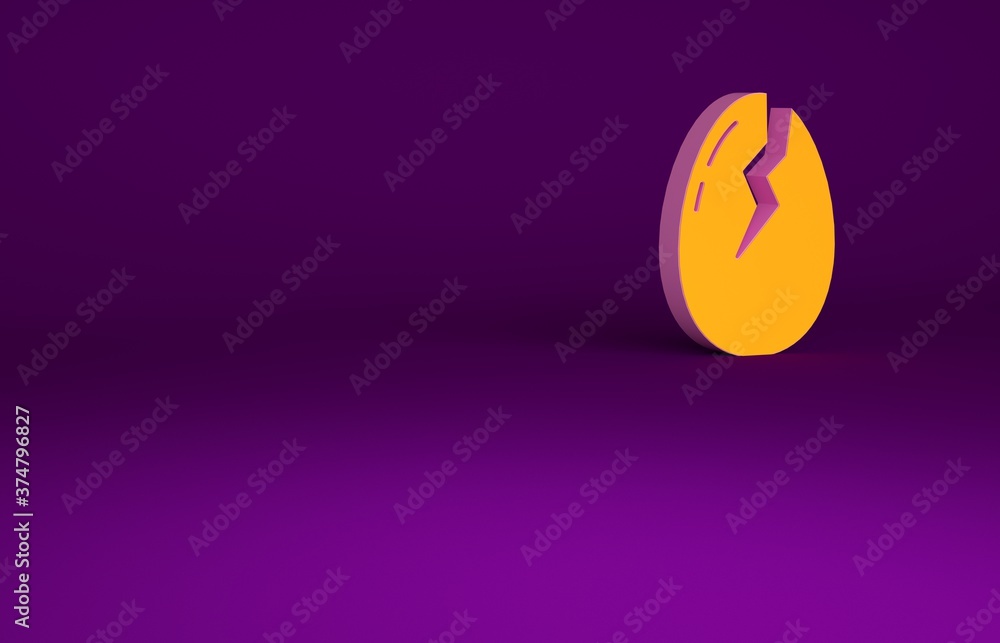 Orange Broken egg icon isolated on purple background. Happy Easter. Minimalism concept. 3d illustrat