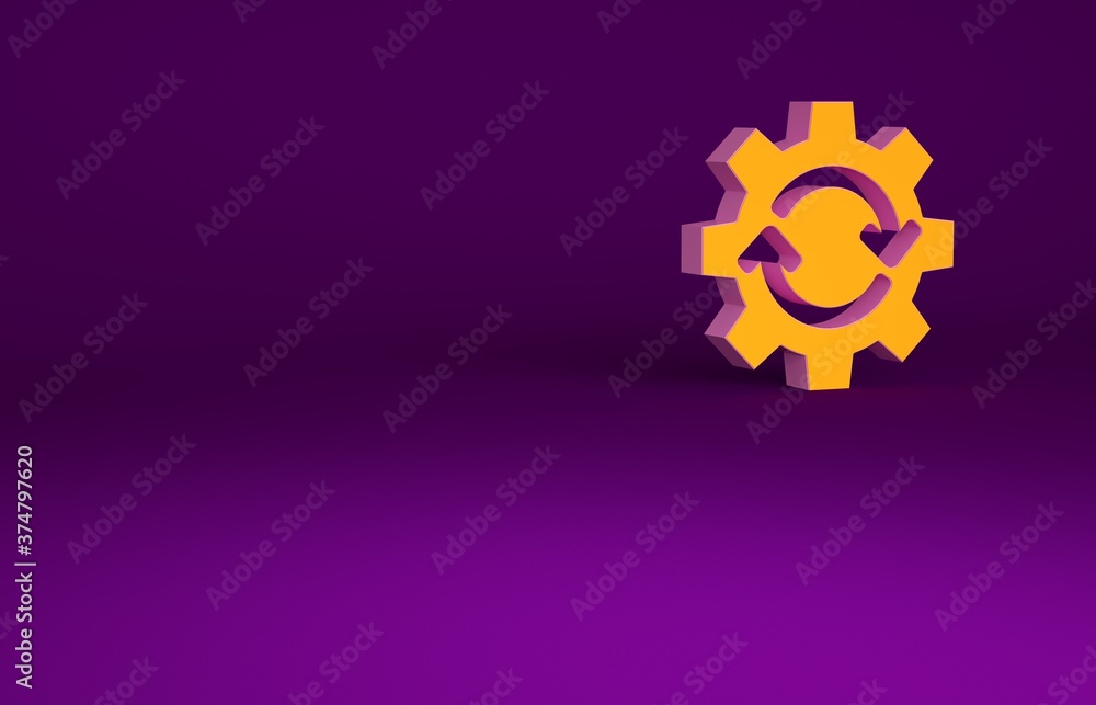 Orange Gear and arrows as workflow concept icon isolated on purple background. Gear reload sign. Min