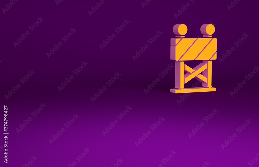 Orange Road barrier icon isolated on purple background. Symbol of restricted area which are in under