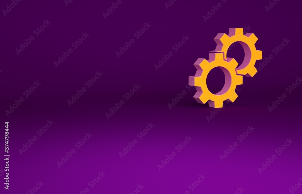 Orange Gear icon isolated on purple background. Cogwheel gear settings sign. Cog symbol. Minimalism 