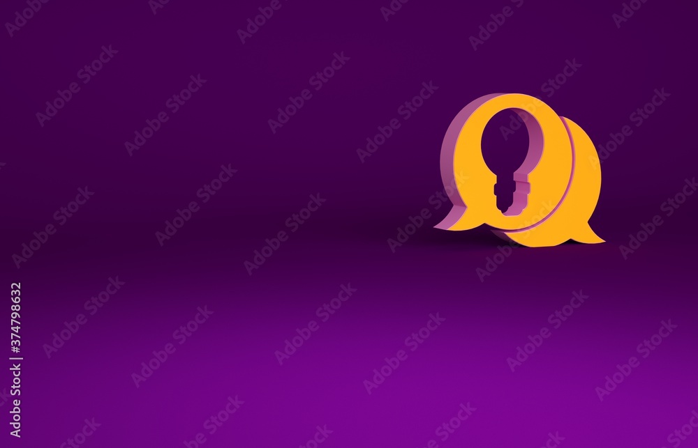 Orange Speech bubble and light bulb with concept of idea icon isolated on purple background. Energy 