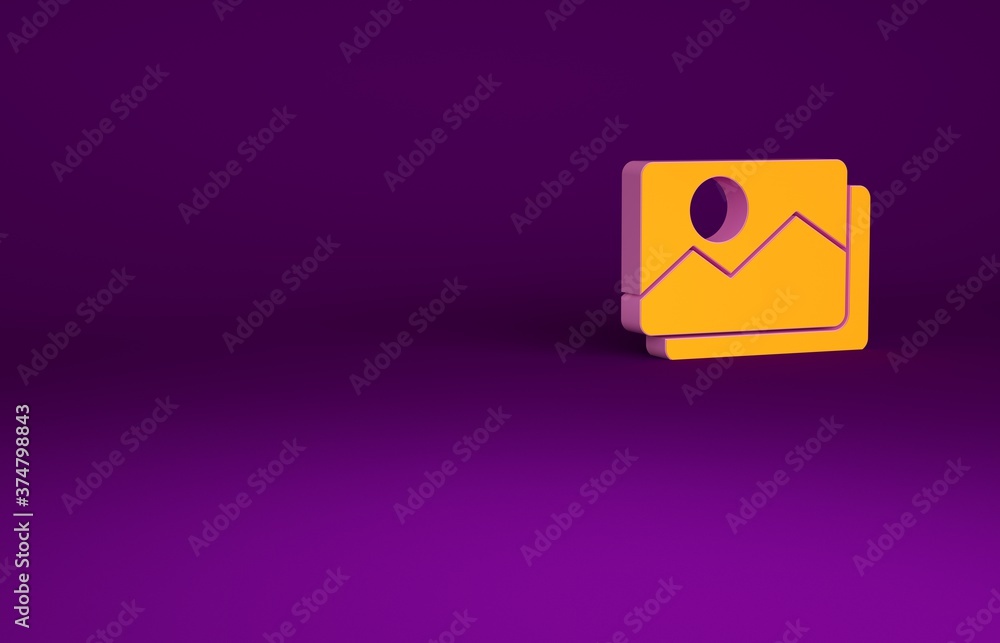 Orange Picture landscape icon isolated on purple background. Minimalism concept. 3d illustration 3D 