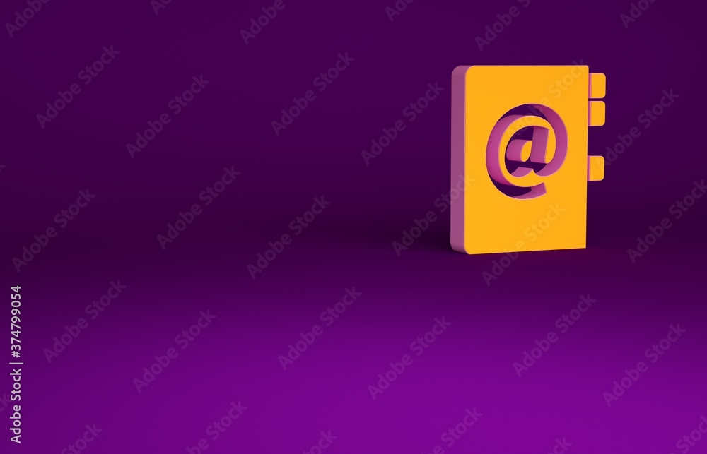 Orange Address book icon isolated on purple background. Notebook, address, contact, directory, phone