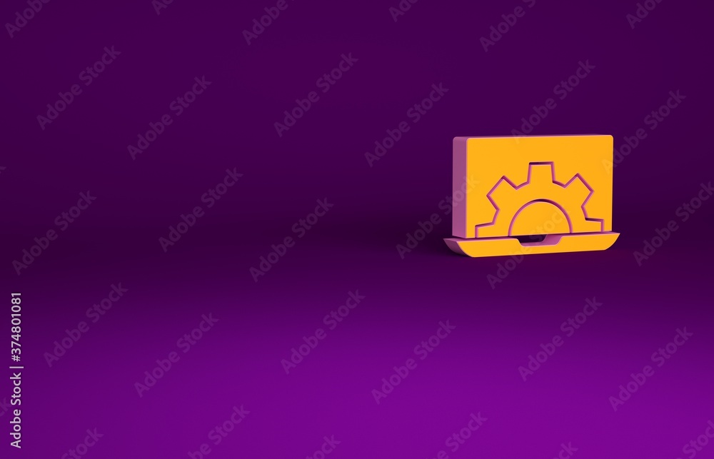 Orange Laptop and gear icon isolated on purple background. Adjusting app, setting options, maintenan