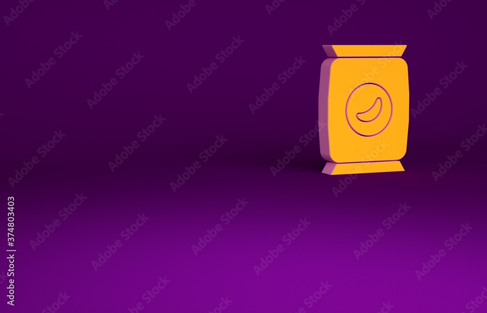 Orange Bag or packet potato chips icon isolated on purple background. Minimalism concept. 3d illustr