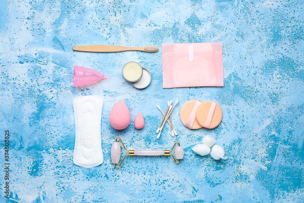 Personal hygiene products on color background. Ecology concept