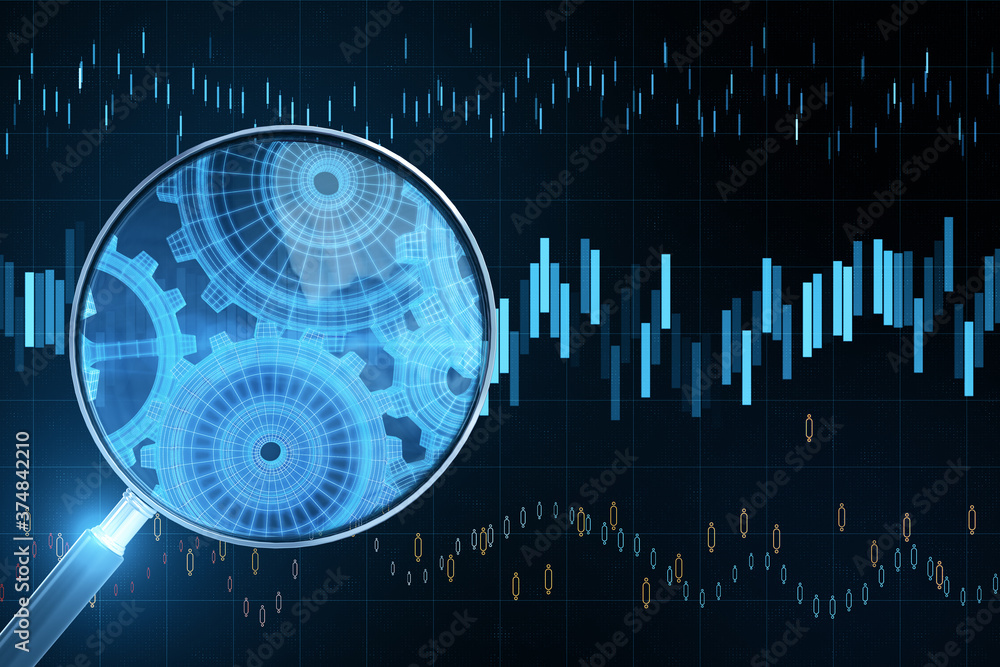 Business charts with digital interface and magnifying glass