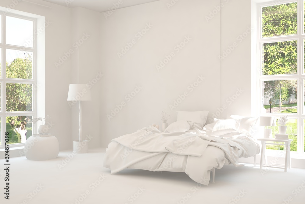 Stylish bedroom in white color with summer landscape in window. Scandinavian interior design. 3D ill