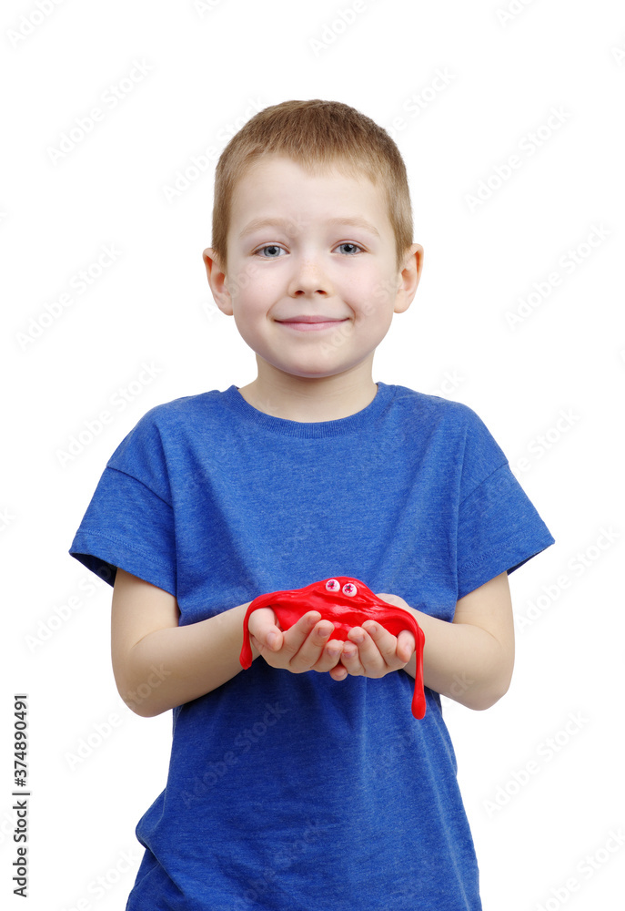 Litlle boy play with slime.