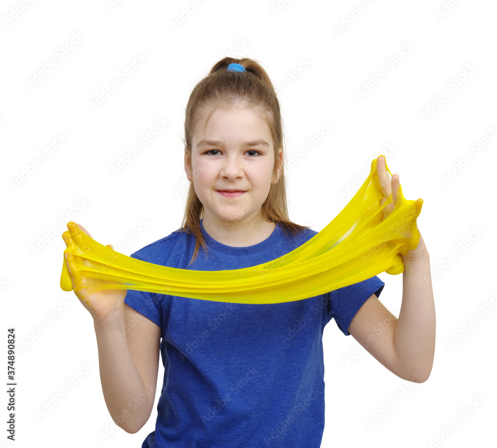 young girl with slime on white