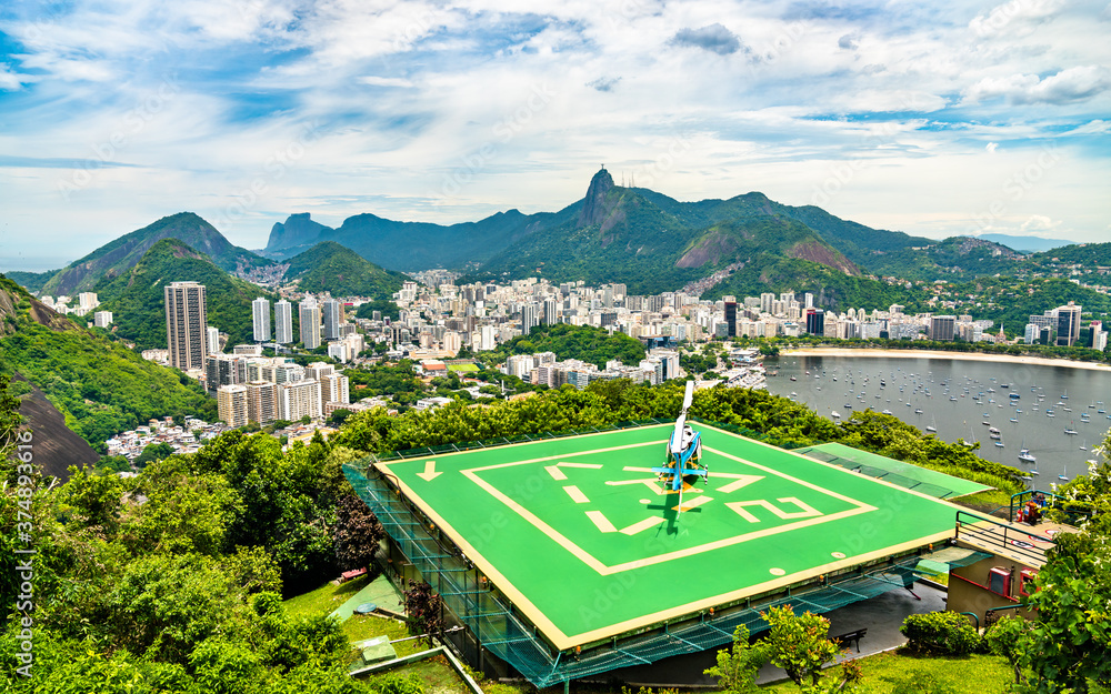 Helicopter at helipad at Urca Mountain in Rio de Janeiro, Brazil