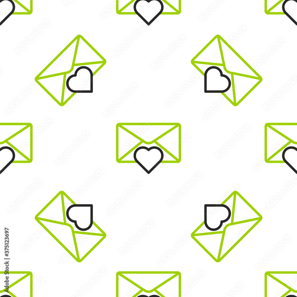 Line Envelope with Valentine heart icon isolated seamless pattern on white background. Message love.