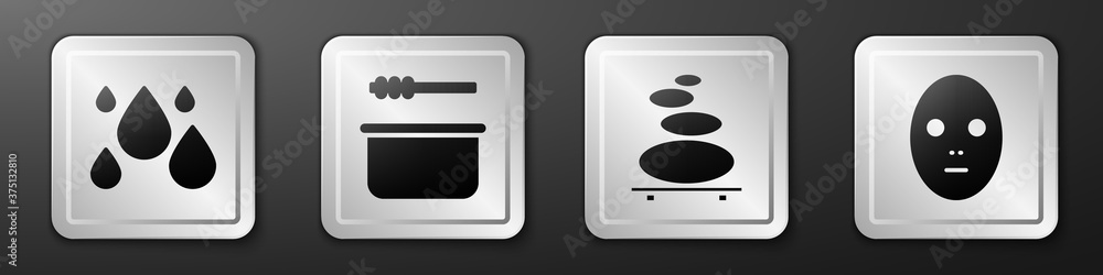 设置水滴、桑拿桶和勺子、堆叠热石头和面膜图标。银方块