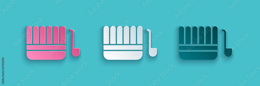 Paper cut Sauna bucket and ladle icon isolated on blue background. Paper art style. Vector Illustrat