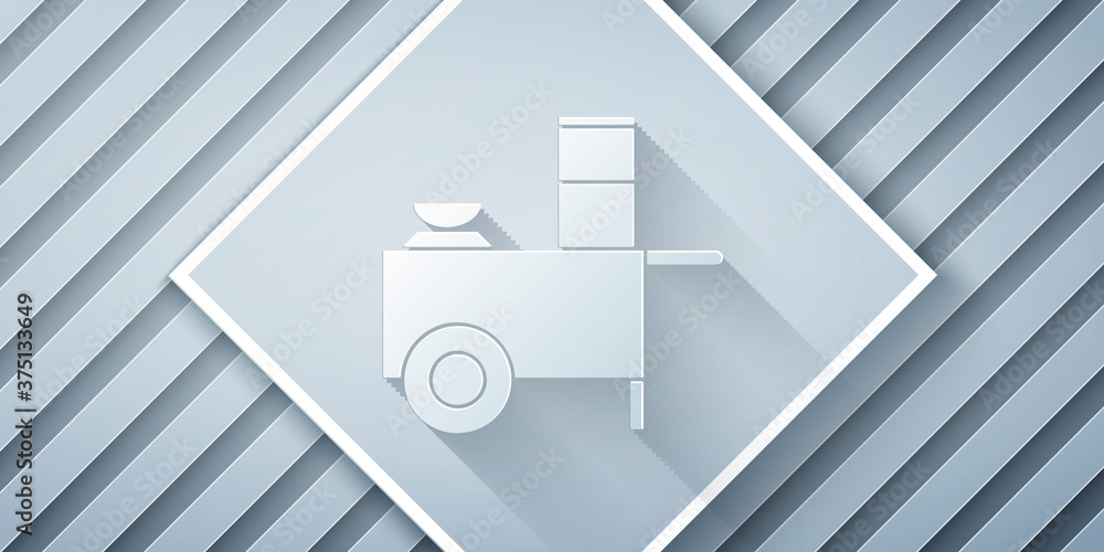 Paper cut Fast street food cart icon isolated on grey background. Urban kiosk. Paper art style. Vect