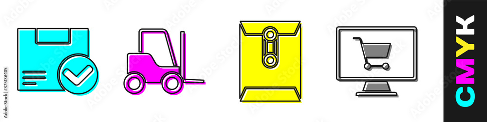在计算机图标上设置带有复选标记的包装箱、叉车、信封和购物车。矢量