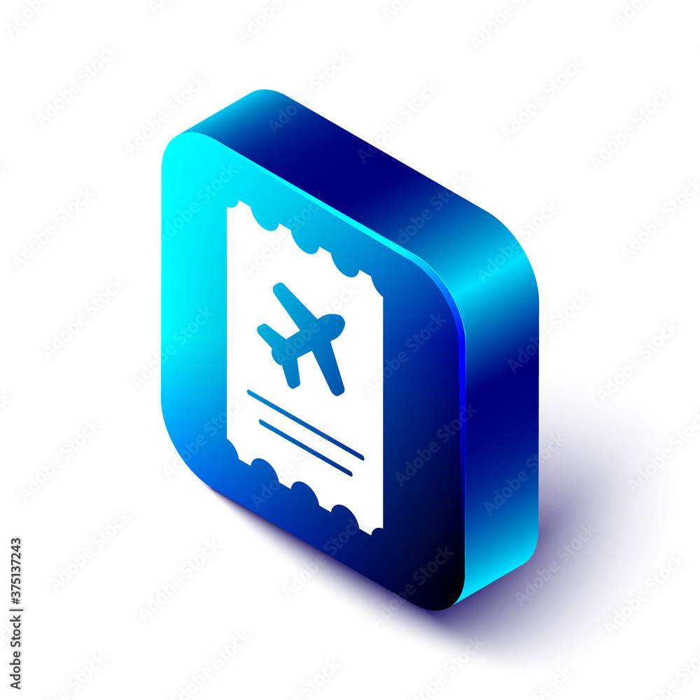 Isometric Airline ticket icon isolated on white background. Plane ticket. Blue square button. Vector