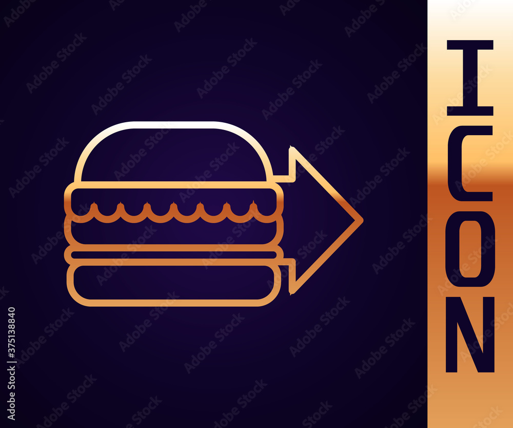 Gold line Online ordering and burger delivery icon isolated on black background. Vector Illustration