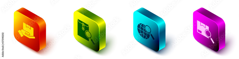 Set Isometric Delivery hand with boxes, Envelope with magnifying glass, Magnifying glass with globe 