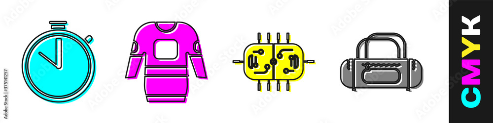 设置秒表、冰球球衣、冰球桌和运动包图标。矢量。