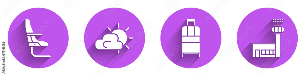 Set Airplane seat, Sun and cloud weather, Suitcase and Airport control tower icon with long shadow. 