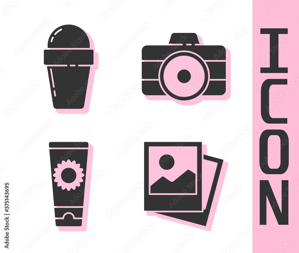 Set Photo, Ice cream in waffle cone, Sunscreen cream in tube and Photo camera icon. Vector.