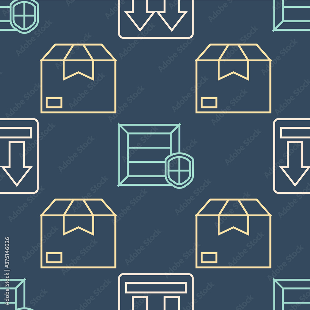 Set line This side up, Carton cardboard box and Delivery pack security with shield on seamless patte