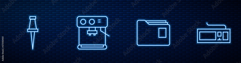 设置行文档文件夹、图钉、咖啡机和键盘。砖墙上闪闪发光的霓虹灯图标。Ve