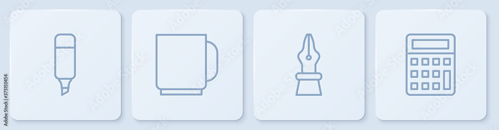设置线条记号笔、喷泉笔尖、咖啡杯和计算器。白色方形按钮。矢量。