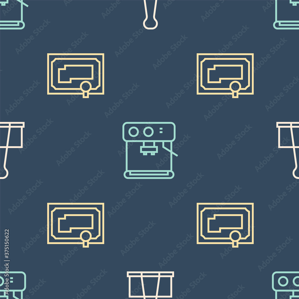 Set line Binder clip, Certificate template and Coffee machine on seamless pattern. Vector.