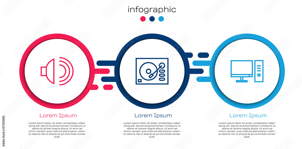 设置线路扬声器音量、乙烯基播放器和电脑显示器。商业信息图模板。矢量。