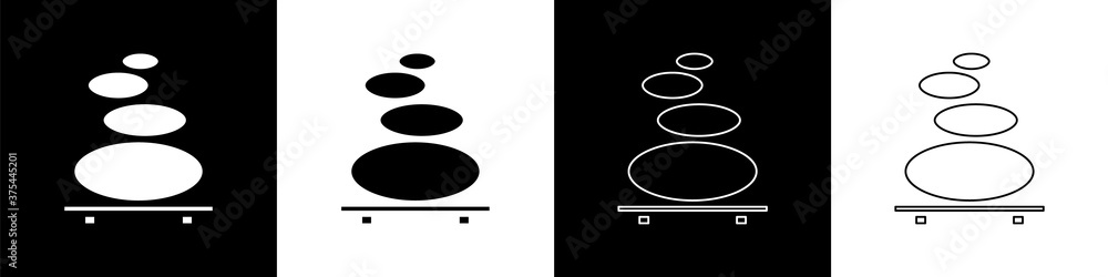 设置堆叠热石头图标，隔离在黑白背景上。水疗沙龙配件。矢量照明