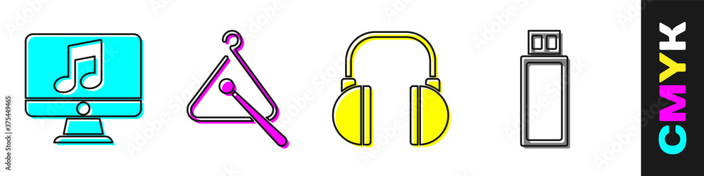 Set Computer with music note, Triangle musical instrument, Headphones and USB flash drive icon. Vect