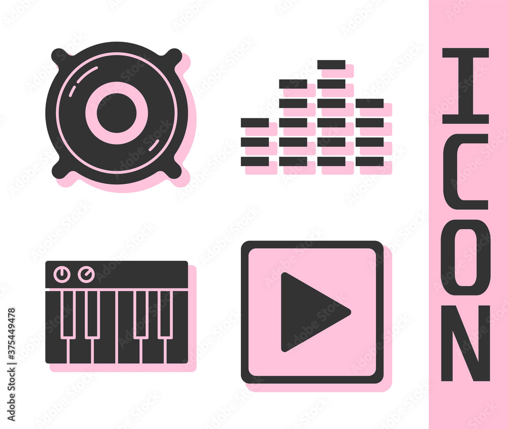 Set Play in square, Stereo speaker, Music synthesizer and Music equalizer icon. Vector.