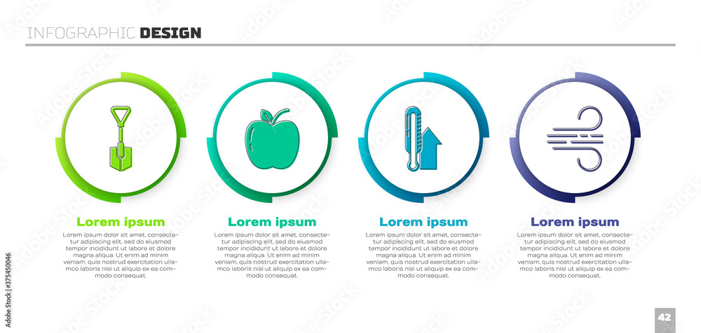 设置铲子、苹果、气象温度计和风力。商业信息图模板。矢量。