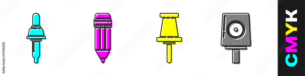 设置移液管、带橡皮擦的铅笔、图钉和喷雾罐喷嘴帽图标。矢量。