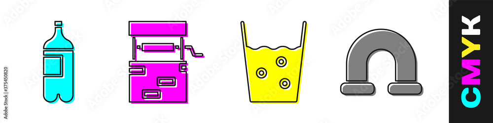 套装水瓶、水井、带水玻璃和工业金属管道图标。矢量。