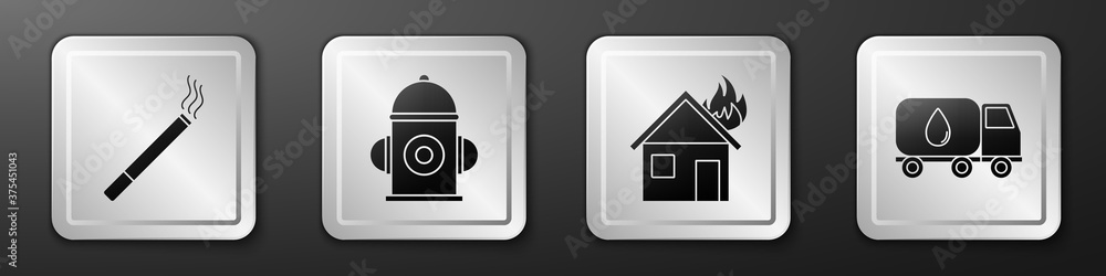 Set Cigarette, Fire hydrant, Fire in burning house and Water delivery truck icon. Silver square butt