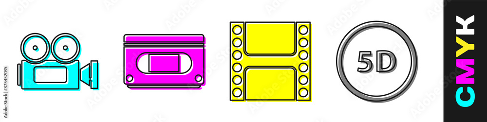 设置影院摄像机、VHS盒式磁带、播放视频和5d虚拟现实图标。矢量。