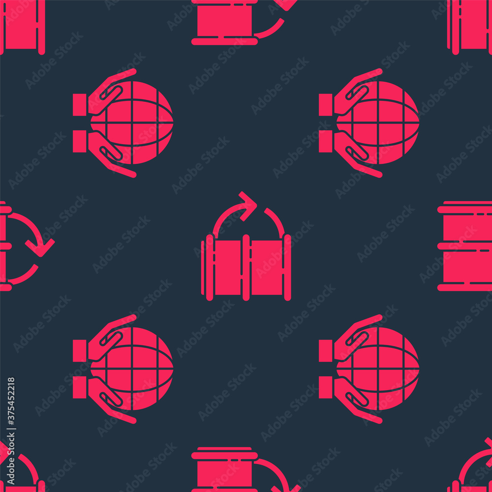 Set Hands holding Earth globe and Eco fuel barrel on seamless pattern. Vector.